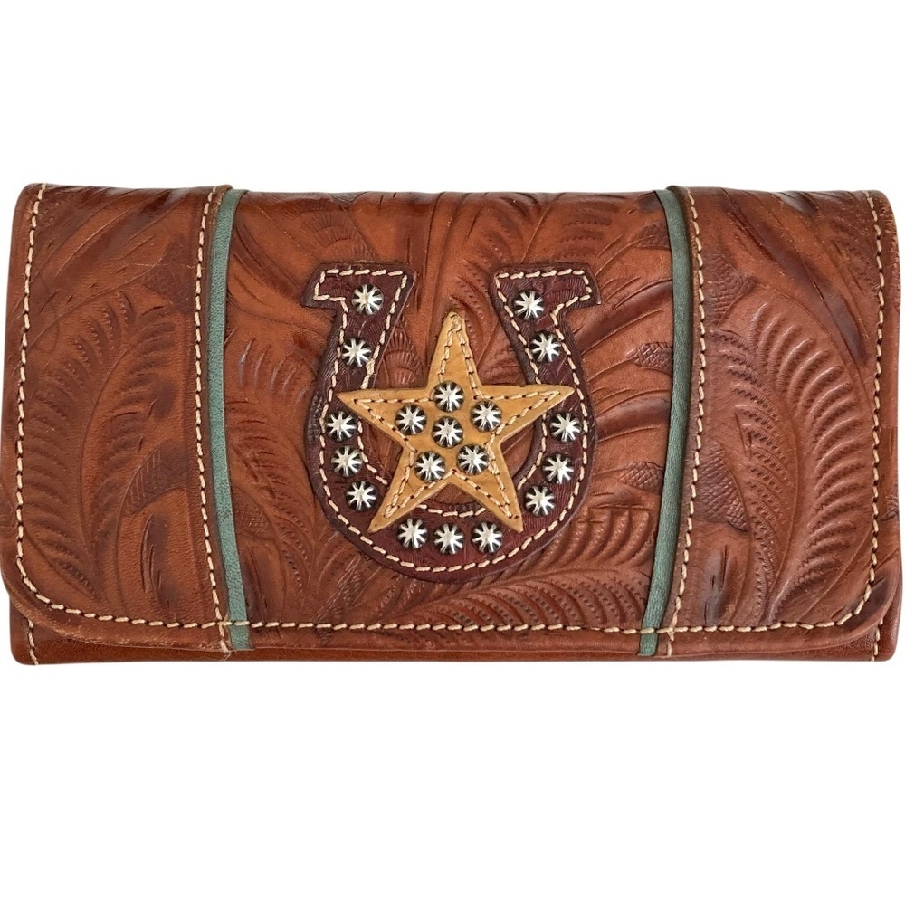 AMERICAN WEST Embossed Leather Studded Trifold Wallet Western Brown - Picture 3 of 9